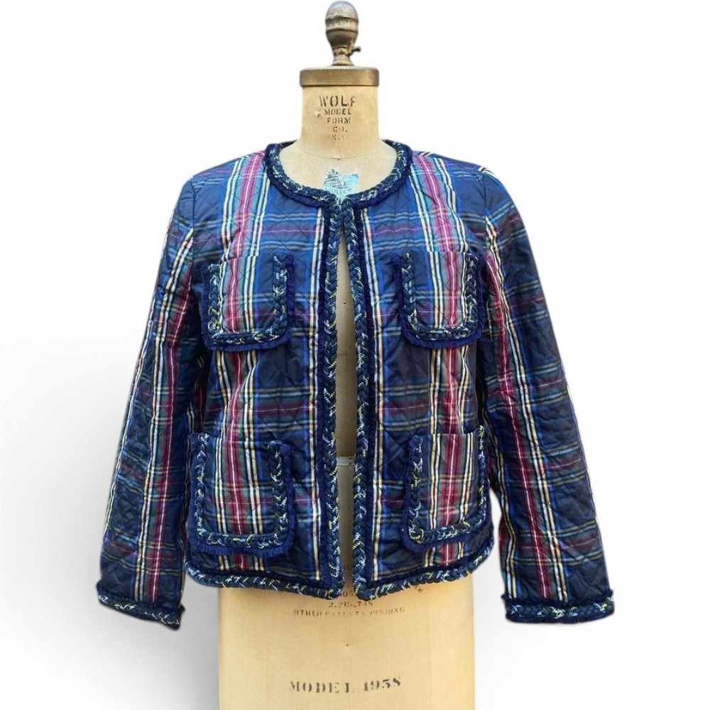 J.Crew Quilted‎ Lady Jacket Navy Blue Plaid Braided Trim Puffer Size 12